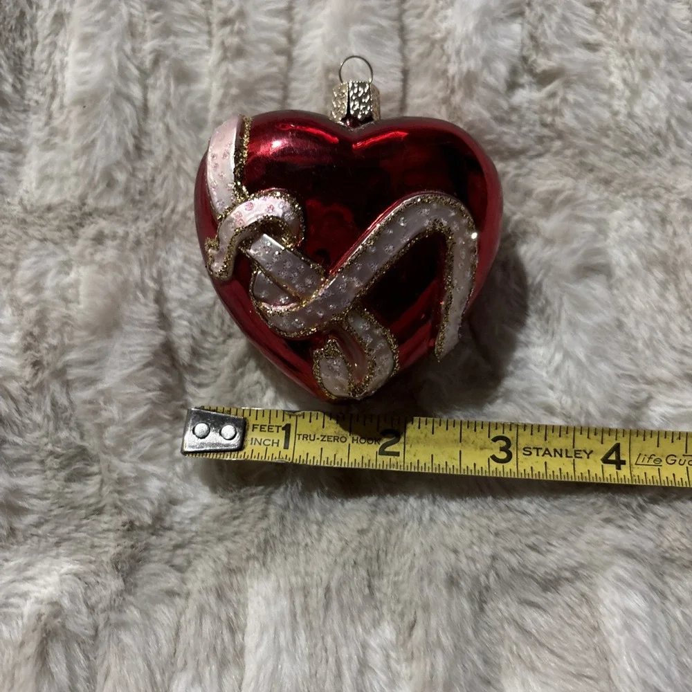 Blown Glass Red Heart Ornament Pink Ribbon Glitter